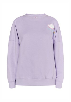 Světle fialová mikina vyrobená z měkké tkaniny. Disponuje kulatým výstřihem a spadlými rameny. Vyšité detaily oblaku a textu na levé části hrudi.