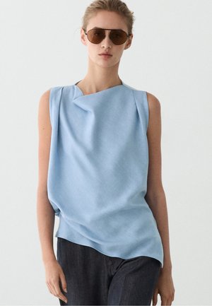 Massimo Dutti, FLOWING LINEN BLEND PLEATED TOP - Bluse - light blue