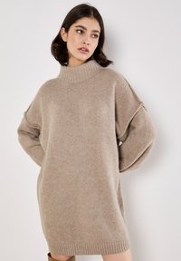 Beige übergroßer Pullover mit einem hohen Rippkragen und überschnittenen Schultern; weicher Strickstoff und lockere Passform, die bis zur Mitte des Oberschenkels reicht.