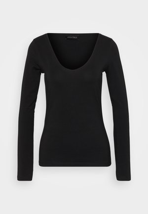 Černý dlouhý rukáv top vyrobený z měkké tkaniny. Má výstřih do V a přiléhavý střih, s hladkou strukturou a minimálním počtem švů.