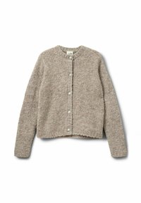 Strikket beige cardigan med rund halsudskæring, lange ærmer og fem knaplukninger, der har en struktureret stof og en let cropped længde.