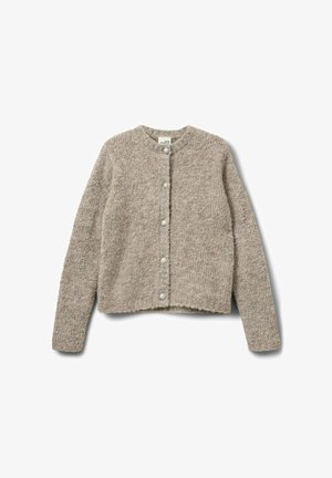 Cardigan beige lavorato a maglia con scollatura rotonda, maniche lunghe e chiusura con cinque bottoni, caratterizzato da un tessuto testurizzato e un orlo leggermente corto.