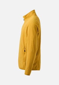 Veste polaire jaune avec un col montant et une poche latérale zippée, vue de côté gauche sur fond blanc.