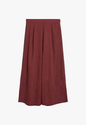 Pantalon large, taille haute, court, en tissu texturé rouge foncé avec plis sur le devant et ourlet droit.