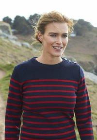 Maglione a righe blu navy e rosso con maniche lunghe, scollatura rotonda e dettagli con bottoni sulle spalle. Texture di maglia liscia.