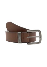 Curea din piele ecologică maro, cu o cataramă metalic�ă argintie rectangulară și detalii embossate cu numele brandului pe curea. Textură netedă.