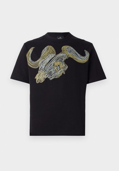 T-shirt noir à manches courtes présentant un graphique audacieux d'une tête de taureau en lignes tourbillonnantes dorées, blanches et bleues sur le devant. Tissu en coton.