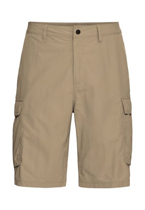 Beige cargoshorts tot op de knie, gemaakt van een gladde stof, met twee zijzakken en een ritssluiting met knoop.
