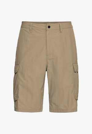 Shorts cargo longueur genou en tissu beige à texture lisse, dotés de deux poches latérales et d'une braguette zippée avec fermeture par bouton.