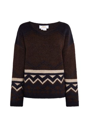Smeđi i mornarskoplavi džemper sa uzorkom, okruglim izrezom, dugim rukavima i geometrijskim dizajnom s kremastim naglascima. Mekana tekstura.