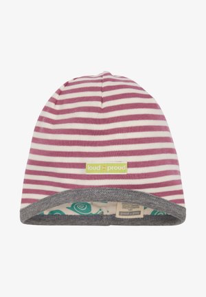 Berretto a righe in cotone viola e bianco con bordo grigio. Presenta un'etichetta con logo verde e una fodera interna decorata con un design a onde.