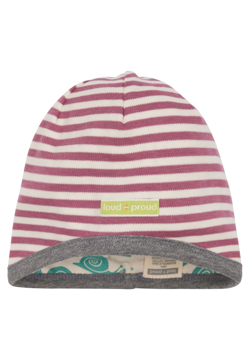 Gestreifte Mütze aus lila und weißer Baumwolle mit grauem Rand. Verfügt über ein grünes Logolabel und ein gemustertes Innenfutter mit Wellenmuster.