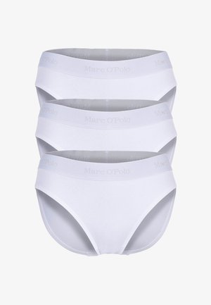 Ensemble de trois slips en coton blanc avec une ceinture élastique douce portant le logo "Marc O'Polo". Texture lisse, design classique, couverture intégrale.