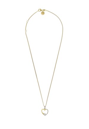 Gold chain necklace featuring a heart-shaped pendant in silver and gold, with diamond accents, smooth texture, and delicate links.
