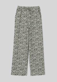 Pantalons larges noir et crème avec un motif léopard abstrait éparpillé, dotés d'une taille élastique avec un cordon de serrage pour un ajustement réglable.