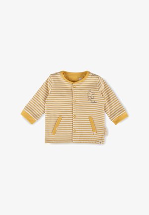 Gelb-weiß gestreifte Kinderjacke mit langen Ärmeln, Druckknöpfen, zwei Vordertaschen und einem auf der Brust gestickten Affenmotiv.