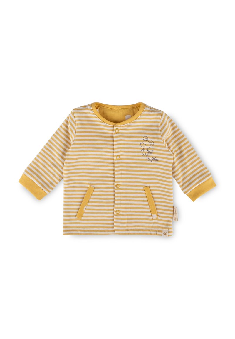 Gelb-weiß gestreifte Kinderjacke mit langen Ärmeln, Druckknöpfen, zwei Vordertaschen und einem auf der Brust gestickten Affenmotiv.
