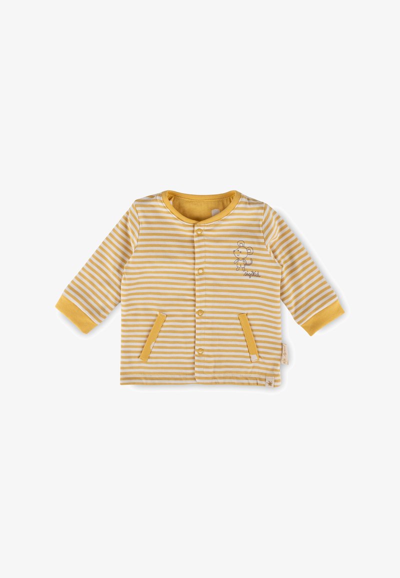 Giacca per bambini a righe gialle e bianche con maniche lunghe, bottoni a pressione, due tasche frontali e un design ricamato di una scimmia sul petto.