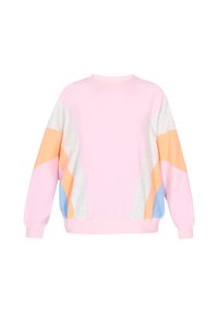 Felpa rosa con motivi a blocchi di colore in arancione, azzurro chiaro e grigio, con scollo e polsini a coste. Tessuto morbido, vestibilità comoda.