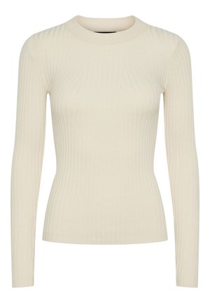 Hedvábný dlouhý rukáv v off-white barvě, s kulatým výstřihem a přiléhavým střihem, vyrobený z měkké pleteniny s jemnou texturou.