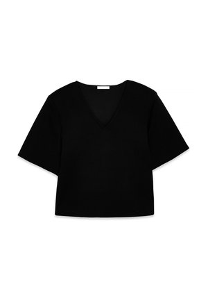 Schwarzes kurzärmliges Crop-Top mit V-Ausschnitt, schlichtem Design und ohne sichtbare Muster oder Verzierungen.