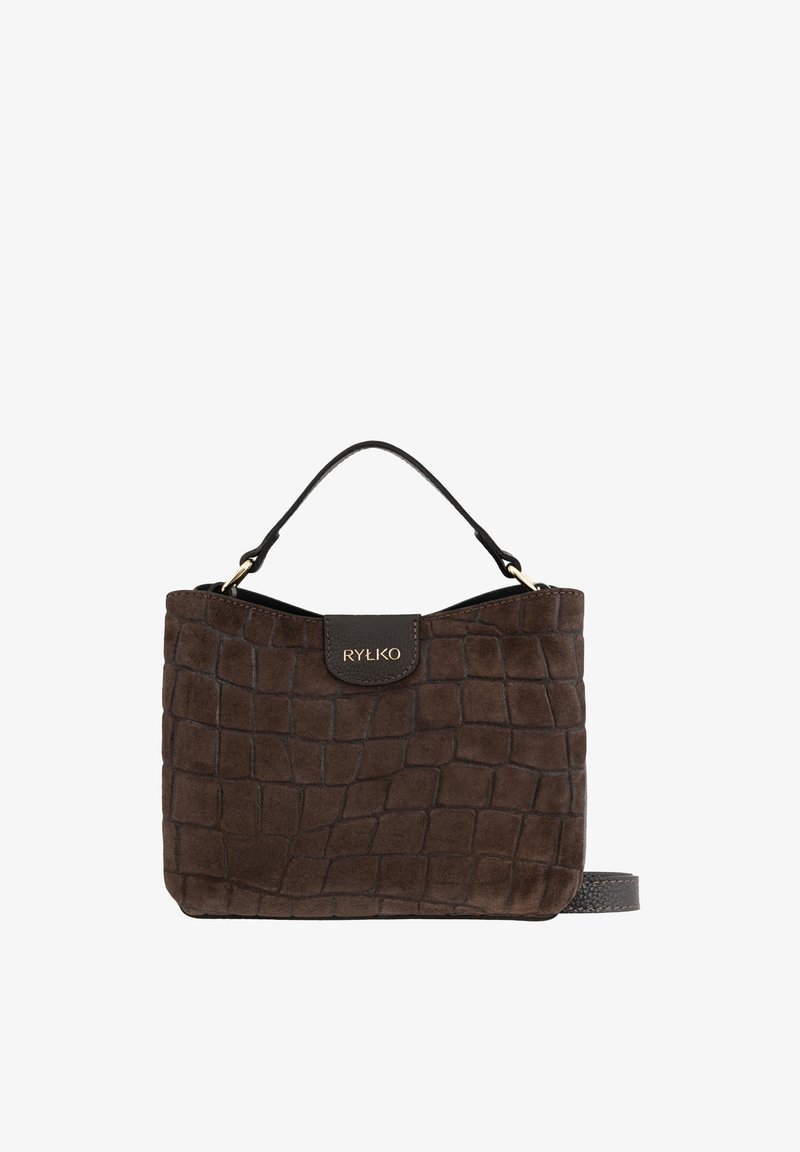 Sac à main marron texturé avec poignée courte, fermeture à rabat estampillée "RYŁKO" et motif crocodile subtil à la surface.