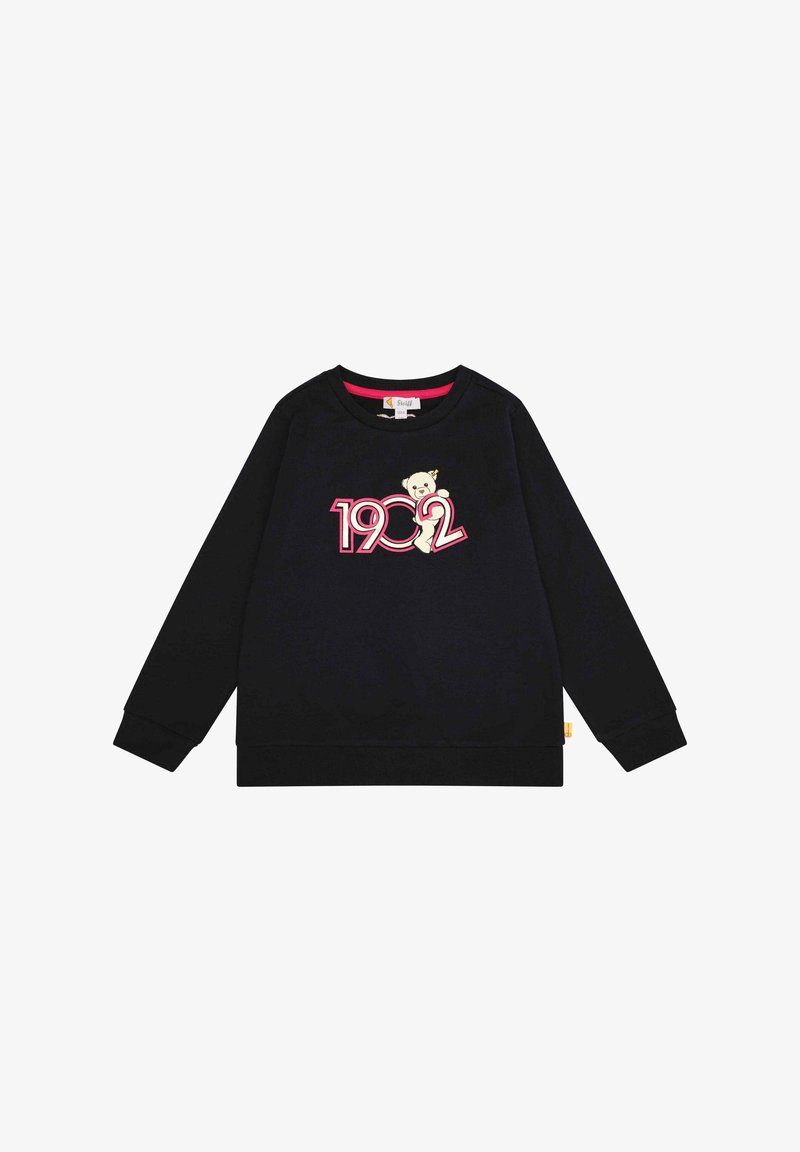 Sweat-shirt noir à manches longues pour enfants, avec "1902" en rose et un petit dessin d'ours en peluche au centre avant.