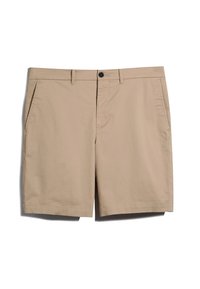 Shorts pour hommes en coton mélangé kaki, présentant une taille plate, deux poches latérales, une fermeture à bouton et une coupe droite.