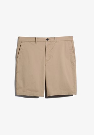 Heren khaki shorts in een soepele katoenmix, met een platte voorkant, twee zijzakken, een knoopsluiting en een rechte pijp.