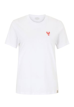 White short-sleeve crew neck t-shirt with a small red lobster graphic on the left chest and a small label near the bottom hem.