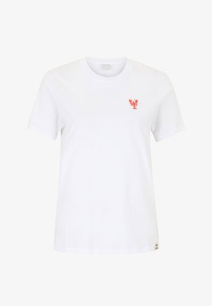 White short-sleeve crew neck t-shirt with a small red lobster graphic on the left chest and a small label near the bottom hem.