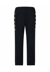 Zwarte sportbroeken van zachte stof, met een recht model, elastische tailleband en gouden logo accenten langs de zijkanten.
