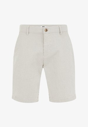 Heledad beežid šortsid õhukeste vertikaalsete triipudega. Valmistatud kudumiskangast, esiküljel on nupuga kinnitamine ning küljetaskud. Lõike ääred on kantud.