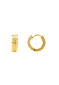 Boucles d'oreilles en or en forme de hoops, avec une finition texturée d'un côté et un design lisse de l'autre, dotées d'un mécanisme de fermeture sécurisé.