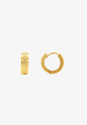Boucles d'oreilles en or en forme de hoops, avec une finition texturée d'un côté et un design lisse de l'autre, dotées d'un mécanisme de fermeture sécurisé.