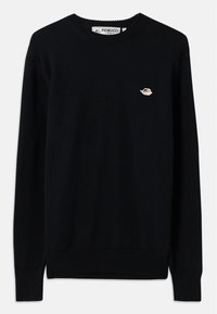 Svart strikket genser med rund hals. Har lange ermer og en liten brodert logo på brystet. Glatt tekstur og ribbede mansjetter.