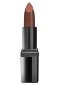 Brown lipstick in a black, glossy tube. The bullet has a pointed tip. The base features a matte black accent, providing a modern look.