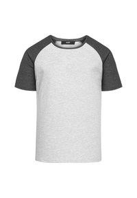 Gray and black T-shirt featuring raglan sleeves, made from a soft cotton blend, with a round neckline and a smooth texture.