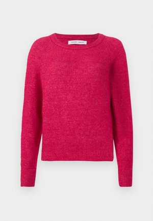 Φούξια πουλόβερ από απαλό, υφασμάτινο ύφασμα με υφή, με λαιμόκοψη crew και ριμπ μανσέτες και τελείωμα, διαθέτει χαλαρή εφαρμογή και μονόχρωμο σχέδιο.