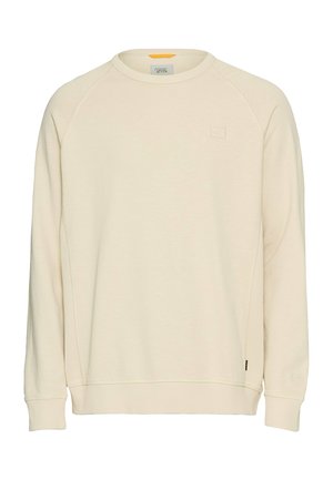 Helle beigefarbene Sweatshirt mit langen Ärmeln, gerippten Bündchen und Rundhalsausschnitt. Mit einem subtilen Logo auf der Brust und einer kontrastierenden Farbe des Innenetiketts.