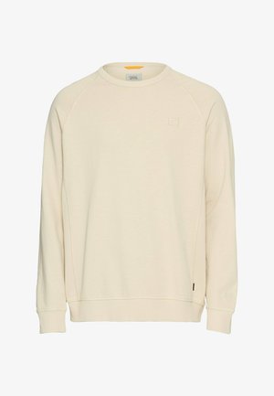 Helle beigefarbene Sweatshirt mit langen Ärmeln, gerippten Bündchen und Rundhalsausschnitt. Mit einem subtilen Logo auf der Brust und einer kontrastierenden Farbe des Innenetiketts.