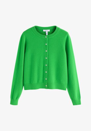 Cardigan vert à manches longues avec encolure ronde et huit boutons blancs sur le devant.