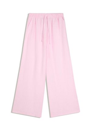 Pantalon rose clair à jambes larges avec taille élastique et cordon, doté de poches latérales et d'une coupe ample et confortable.