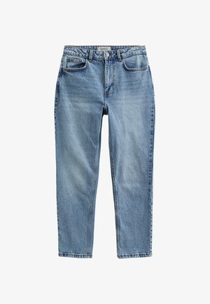 Light blue denim jeans with a straight cut, featuring a button closure, five pockets, and subtle fading. Classic design with contrast stitching.