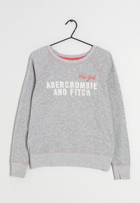 Sudadera gris con mangas raglán y puños acanalados. Presenta el texto "Abercrombie and Fitch" y "New York" en blanco y rojo. Cuelga de un gancho negro.