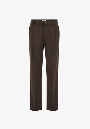 Tamsiai rudos, pritaikytos kelnės su priekinėmis klostėmis, diržo kilpomis, sagos uždarymu ir tiesiomis kojų linijomis.