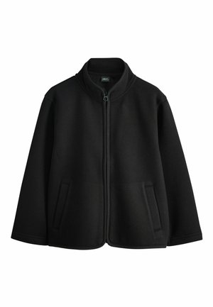 Black zip-up fleece jacket with stand collar and two side pockets, displayed flat on a white background.