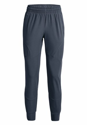 Pantalones jogger deportivos de color gris oscuro con cintura elástica, bolsillos laterales y puños en los tobillos.