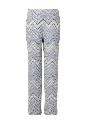 Gewebte Hose mit Zickzackmuster in Hellblau, Lila und Cremefarben; gerader Schnitt; weiche Textur; keine sichtbaren Verschlüsse oder Akzente.