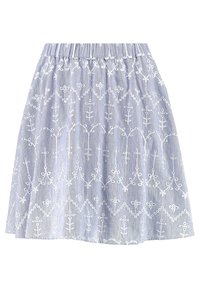 Flared skirt with a striped pattern in blue and white, featuring intricate white embroidery. Elastic waistband for comfort and fit.